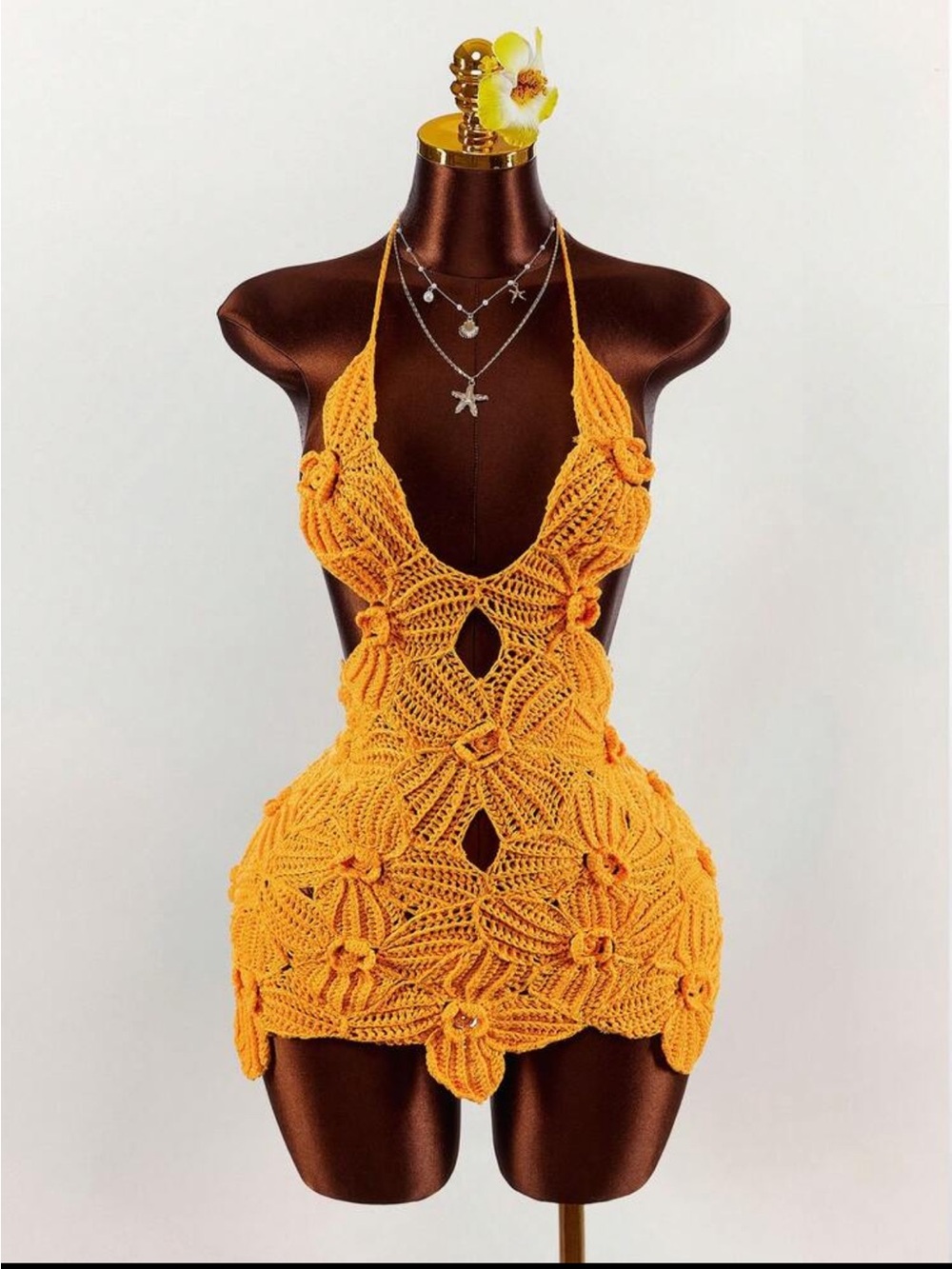 Floral Crochet Mini Halter Dress in Bright Orange Small new in packaging - Picture 8 of 10
